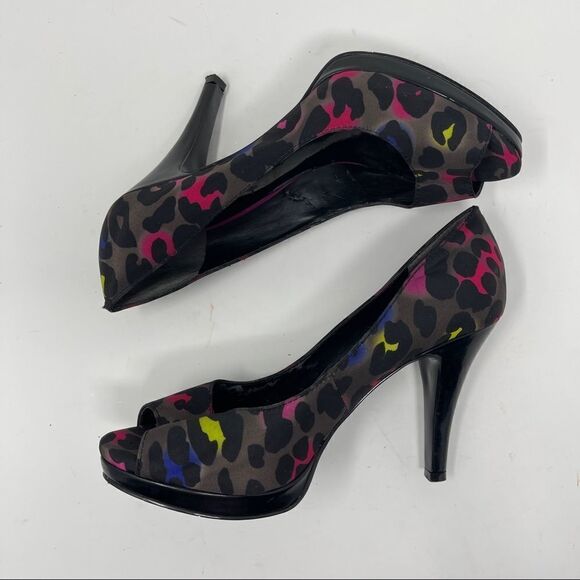 Nine West Danee Neon Leopard Print Peep Toe Heels Platform Women's 6M - Picture 4 of 11